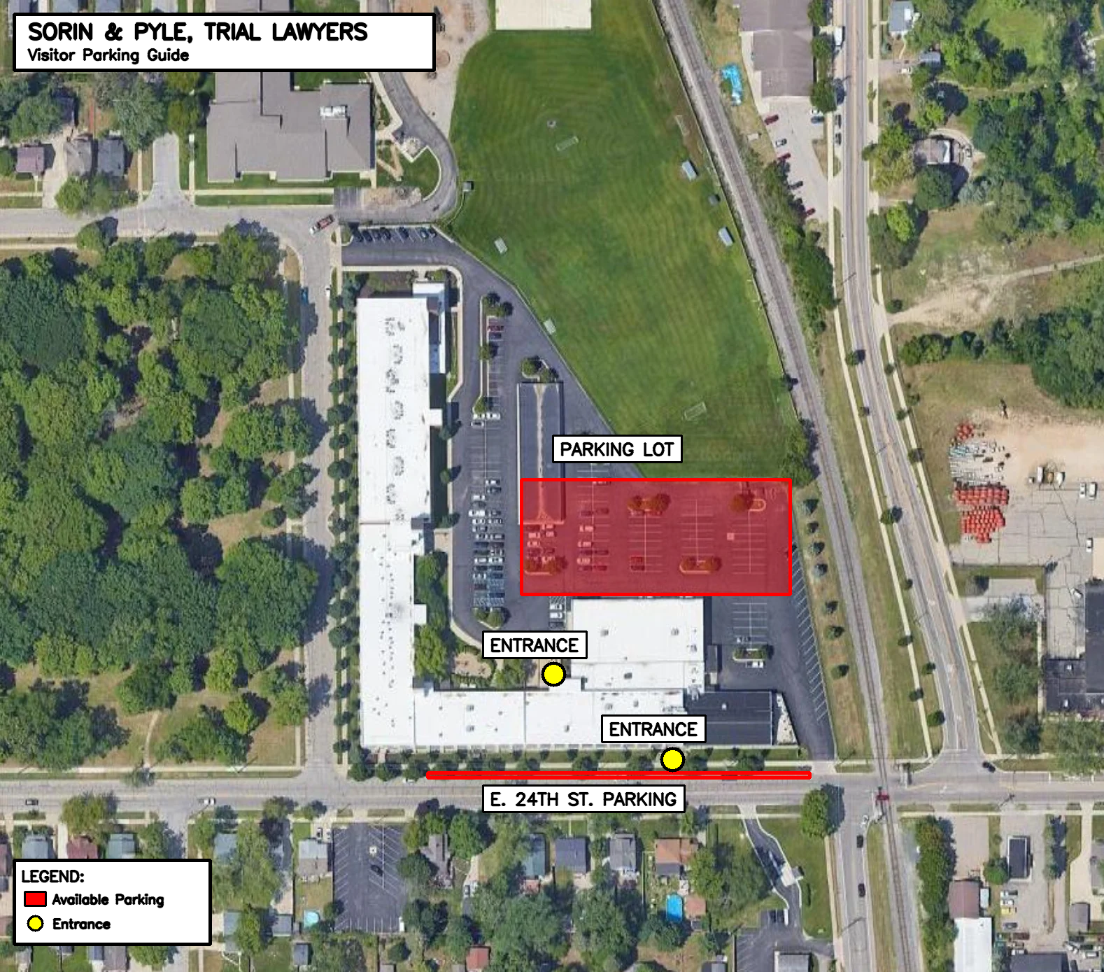 Map showing lot behind Sorin & Pyle office at 217 E 24th St and street options in Holland, MI